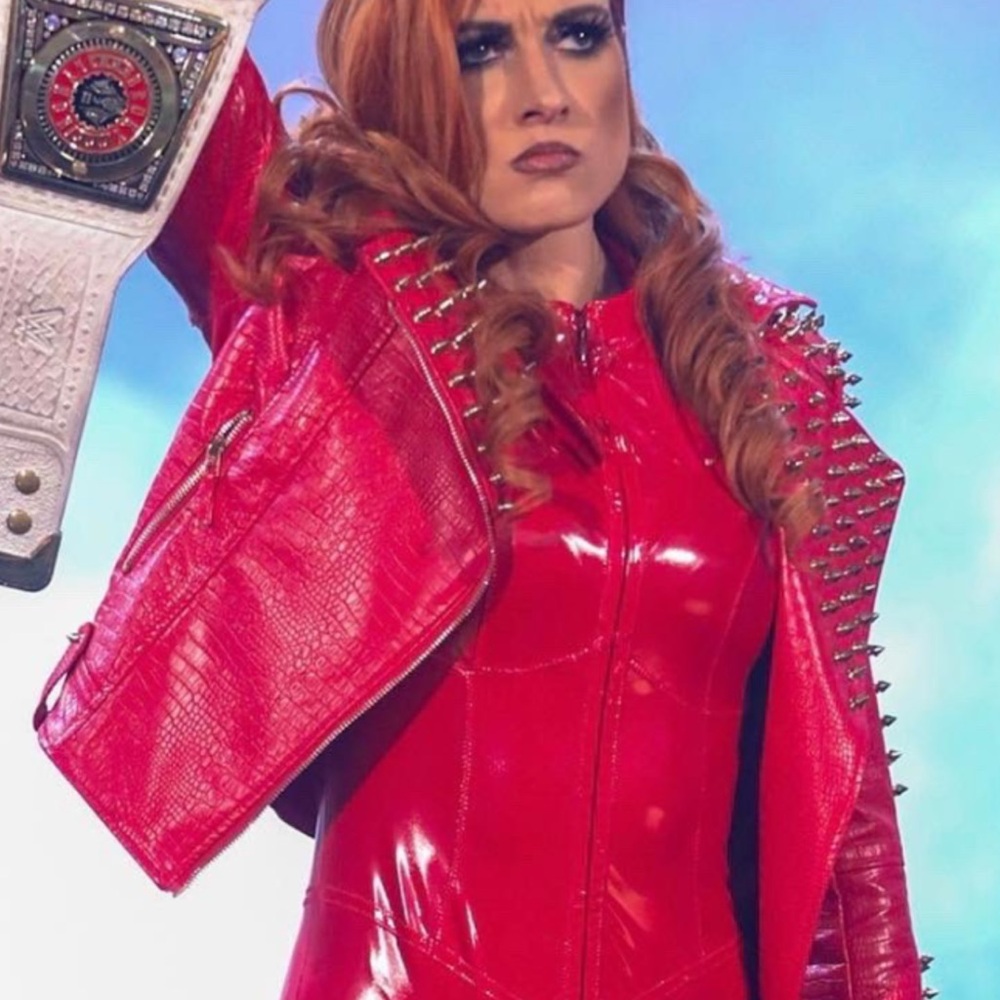 XS Brand Replica Becky Lynch’s Red & brass studded faux leather moto jacket